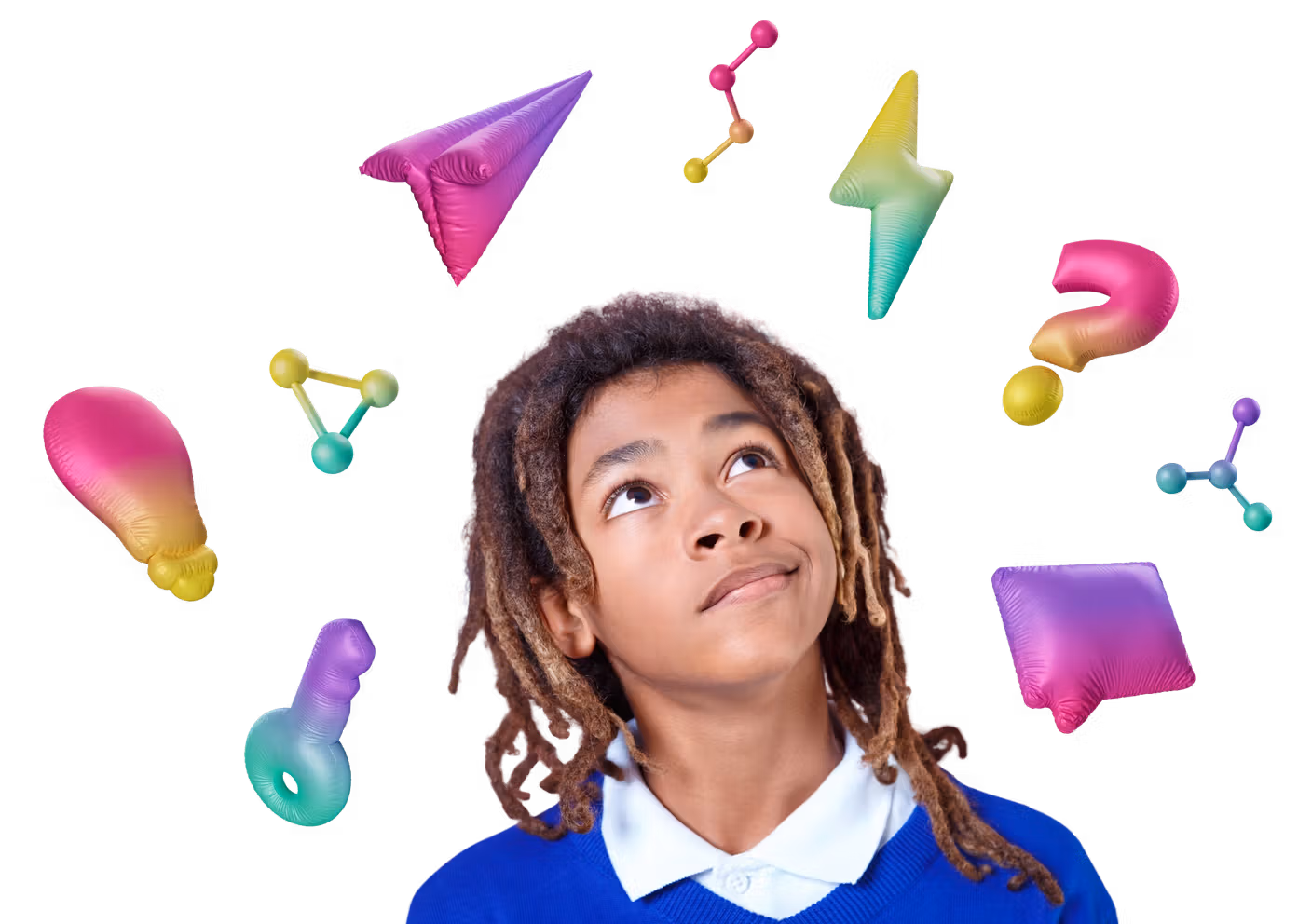 A school student look up a floating education icons