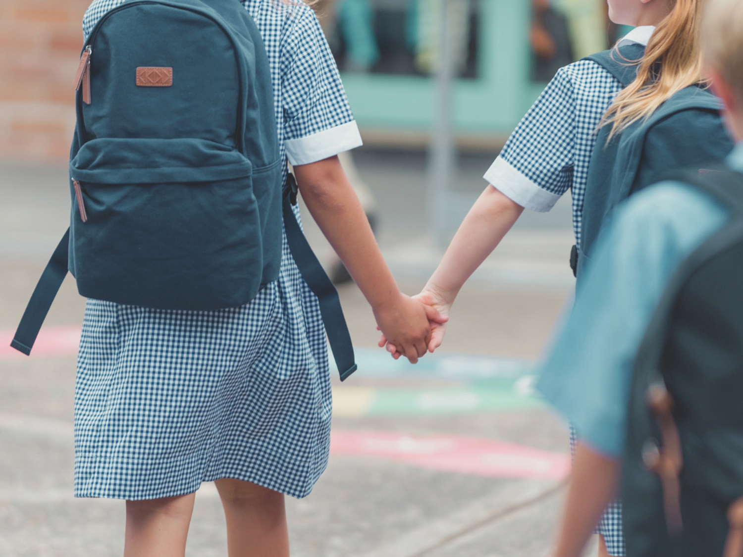 Students holding hands walking into school.